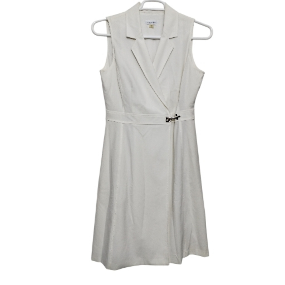 Calvin Klein Women's 10 Ivory Sheath Sleeveless Faux-Wrap Shirt Dress Lined